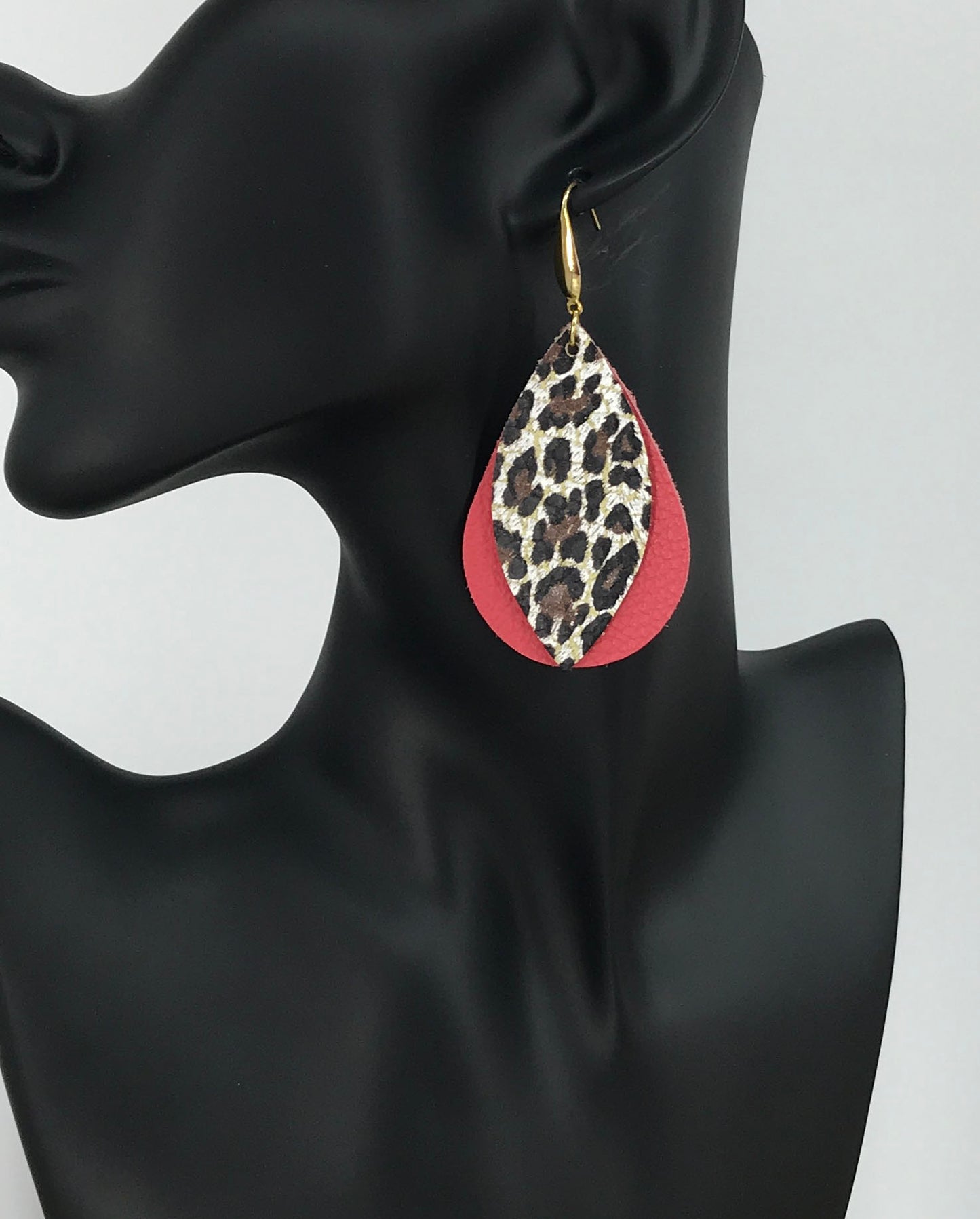 Coral and Cheetah Leather Earrings - E19-3041