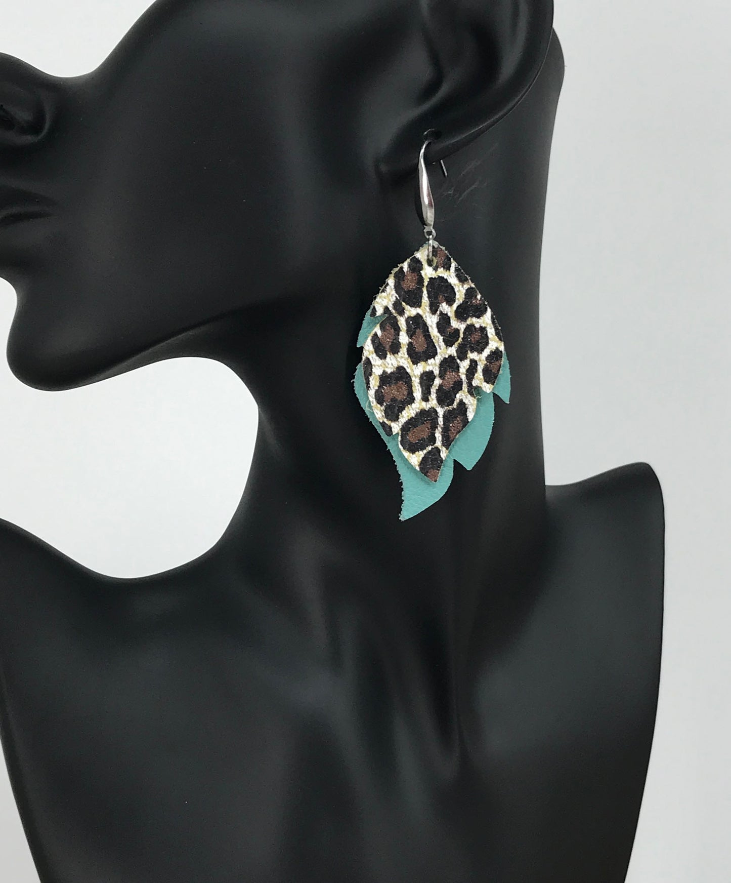 Aqua and Cheetah Leather Earrings - E19-3046