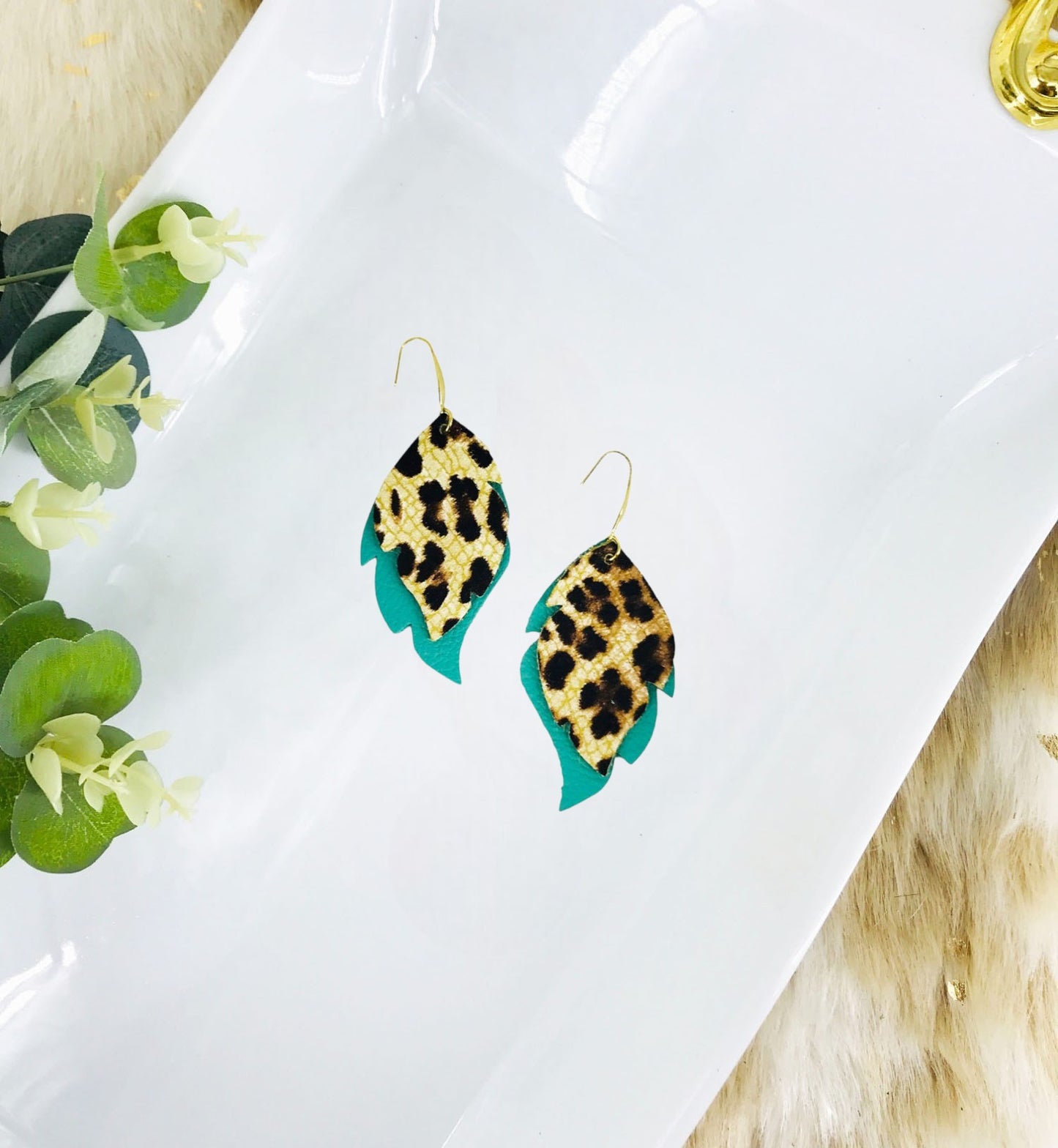 Aqua and Cheetah Leather Earrings - E19-3050