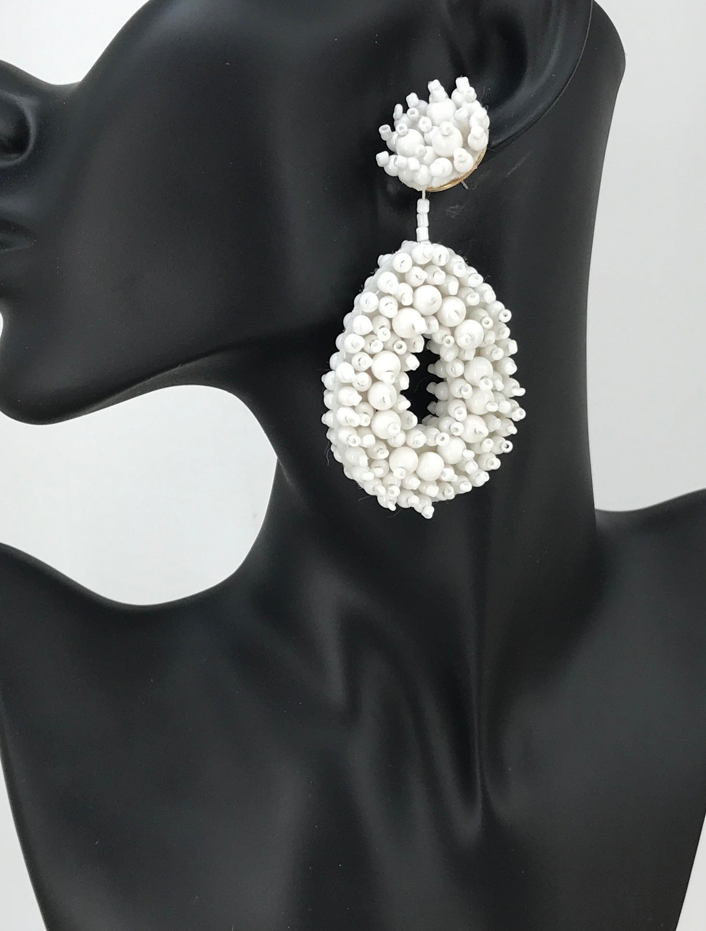 White Bohemian Beaded Teardrop Stud Earrings