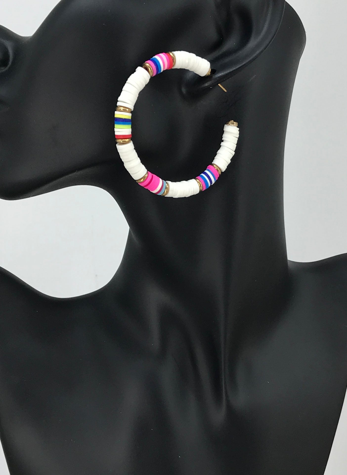 White Rainbow Heishi Bead Open Hoop Earrings