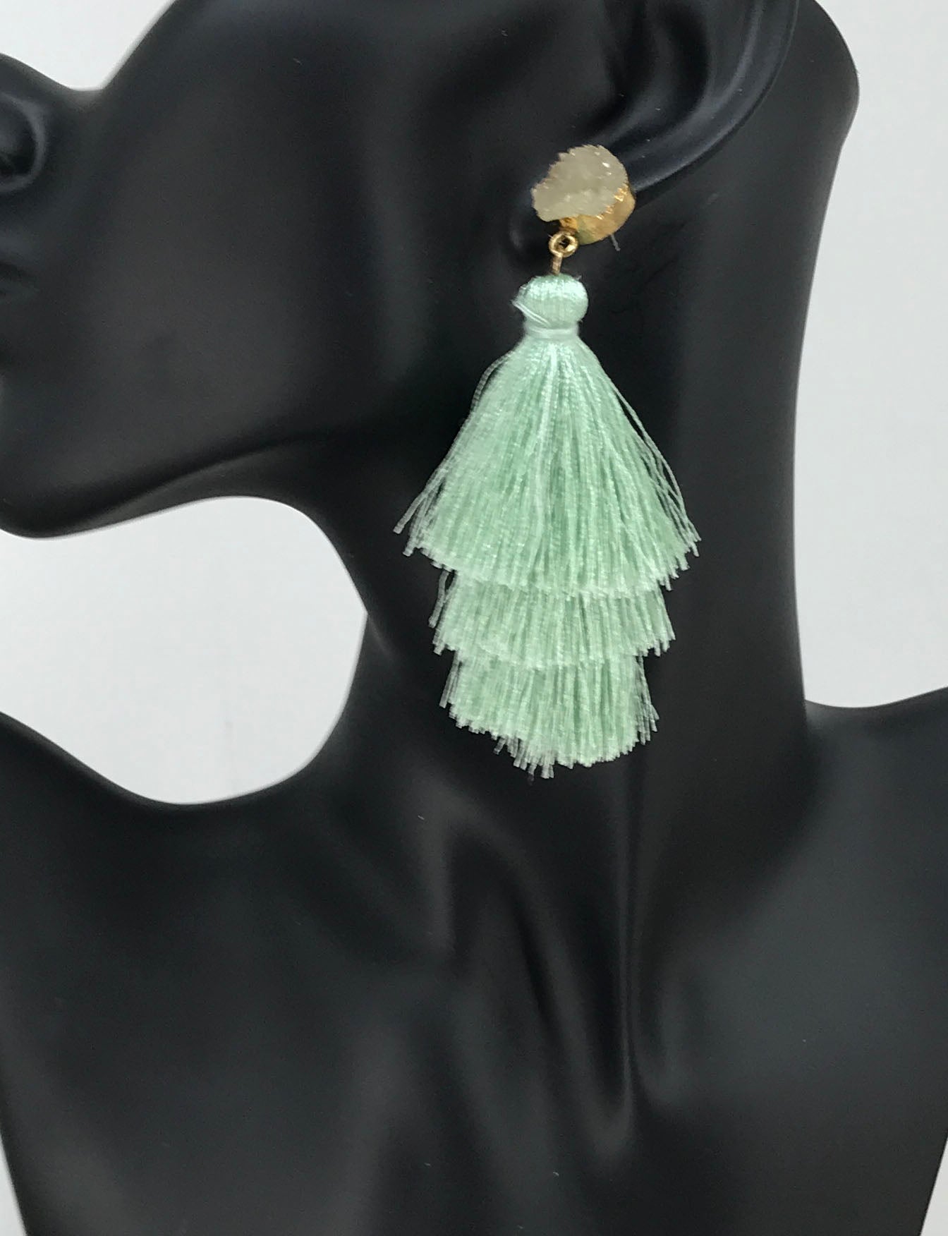 White Druzy Resin Mint Cream Triple Layer Tassel Stud Earrings