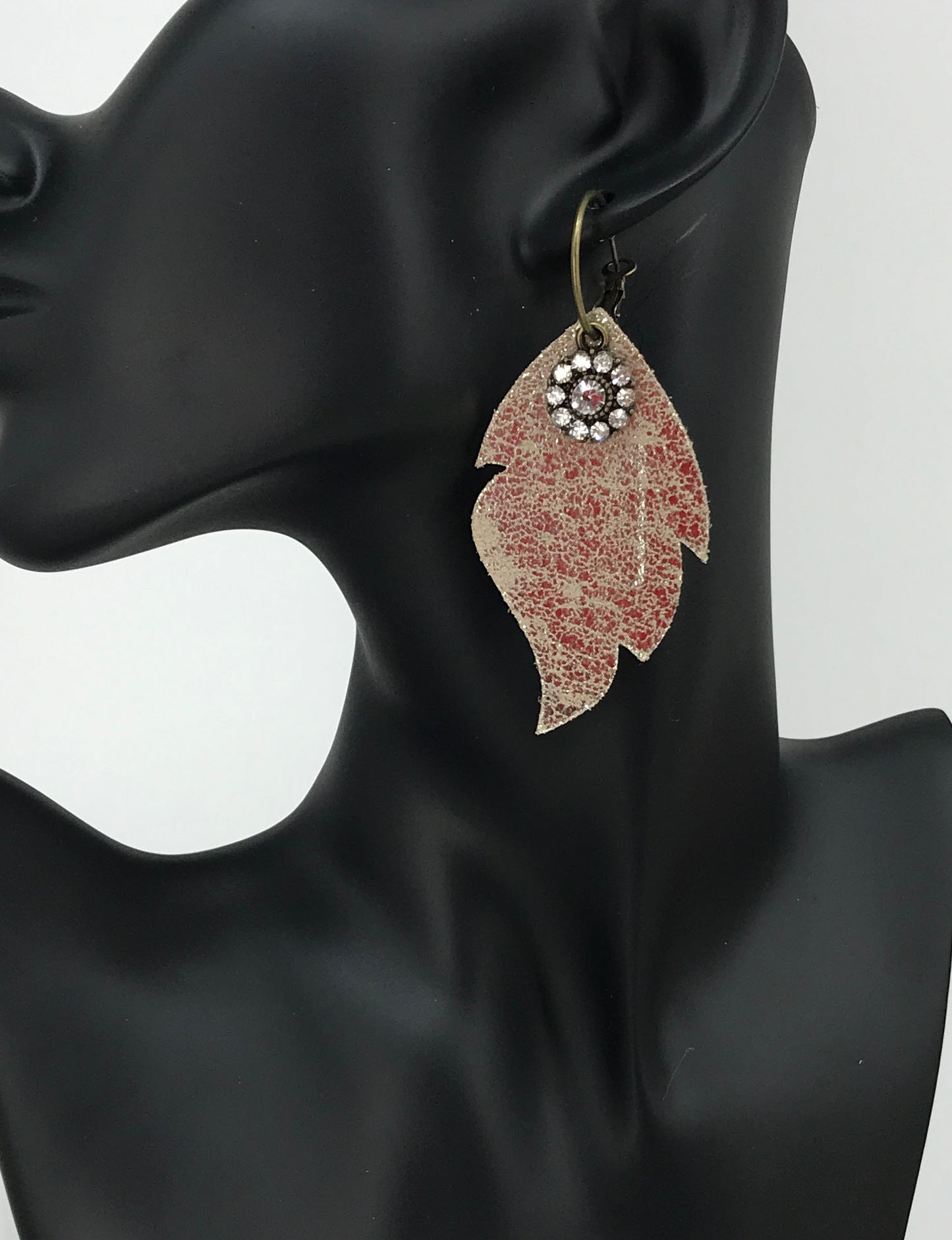 Platinum Crackle Leather Flower Charm Hoop Earrings