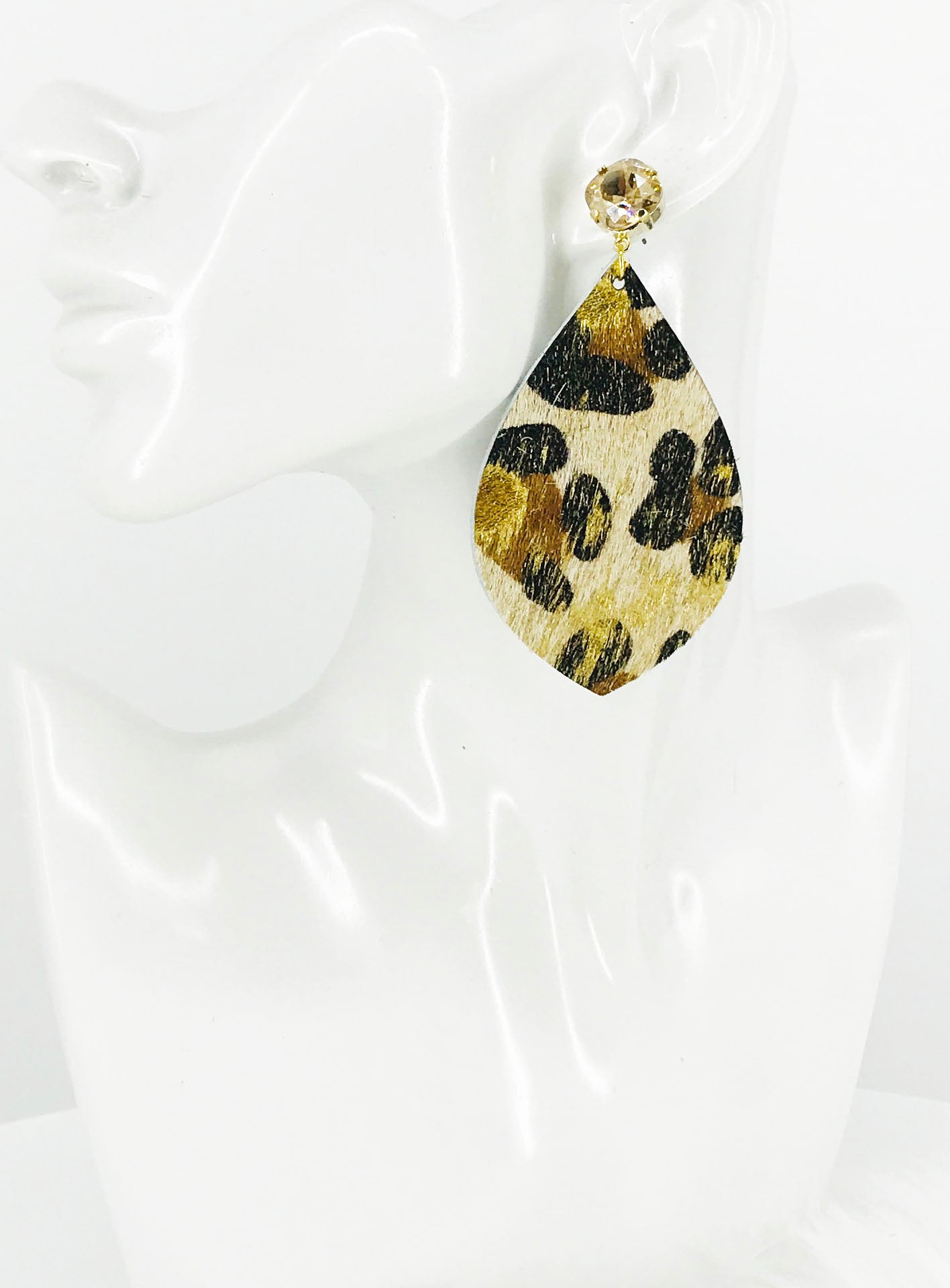Golden Shadow Crystal & Gold Acid Wash Leopard Leather Drop Earrings