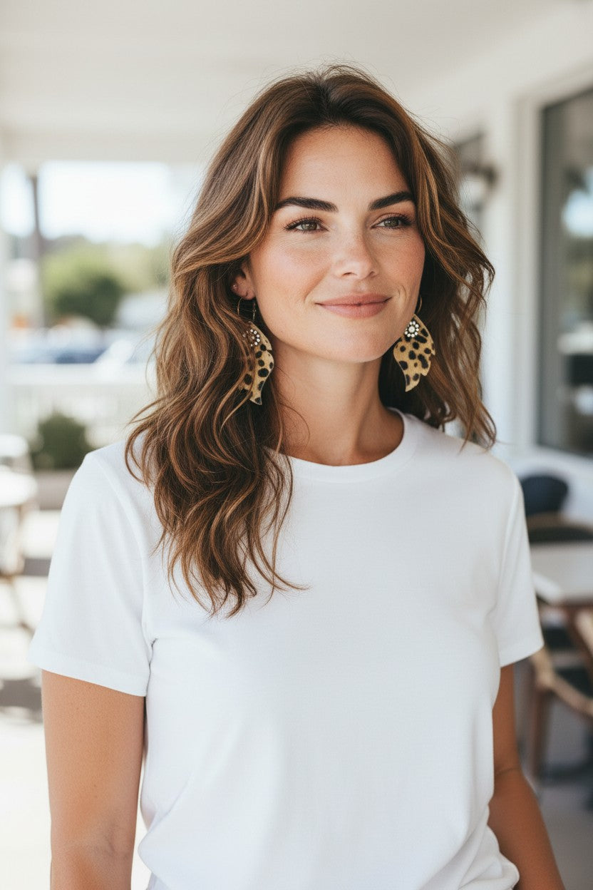 Spotted Hair-On Leather Rhinestone Hoop Earrings