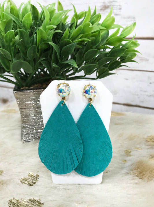 Genuine Crystal Turquoise Leather Stud Earrings - E19-3383
