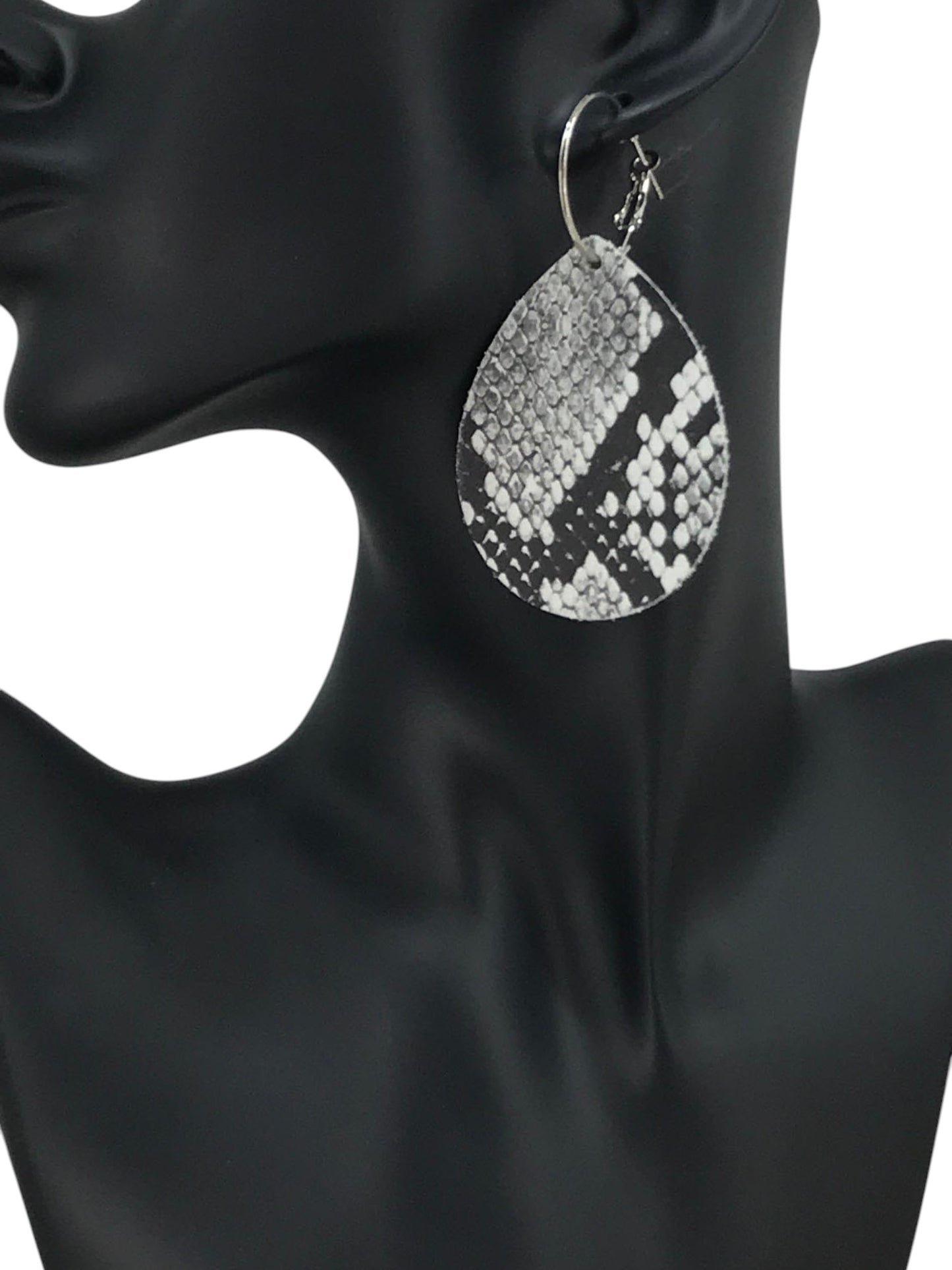 NEW TITLE: Black and White Snake Leather Hoop Earrings