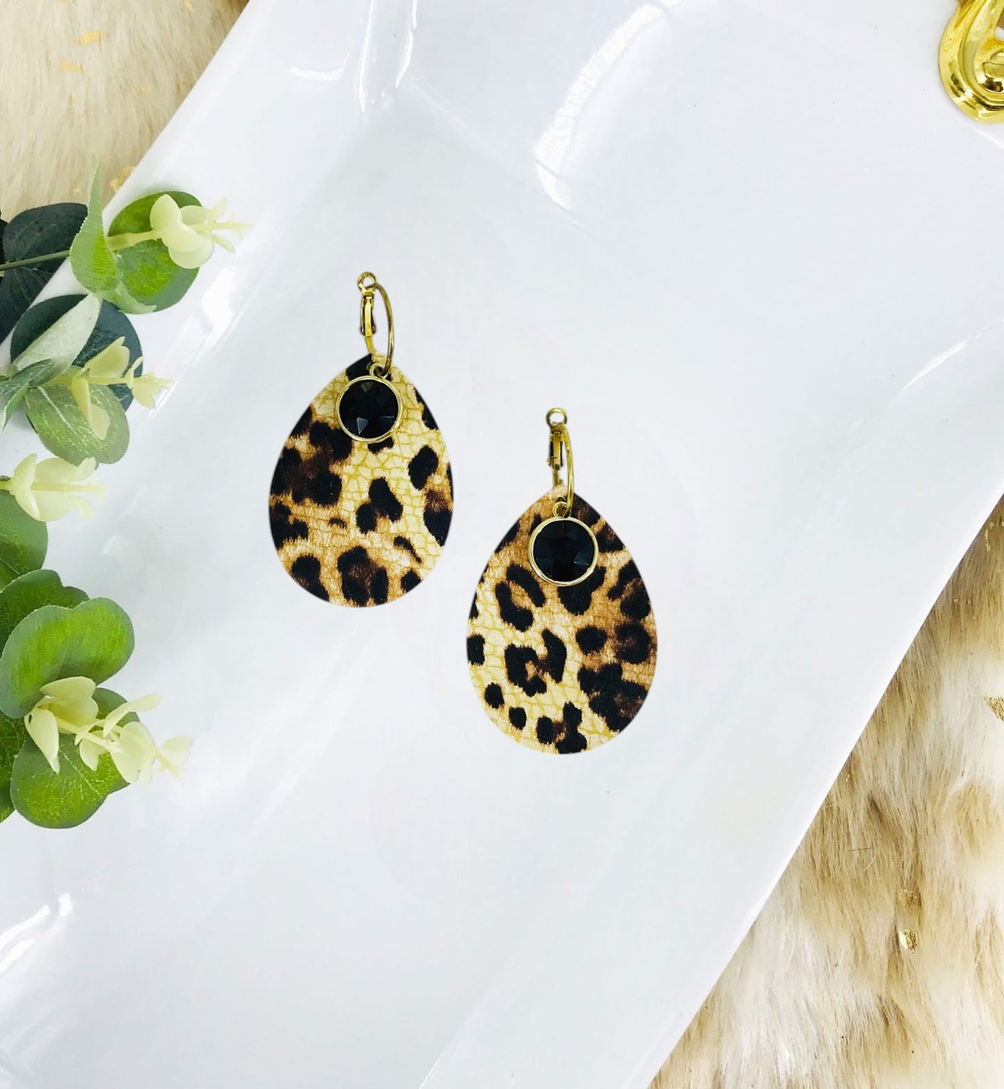 Genuine Leather and Rhinestone Hoop Earrings - E19-3459