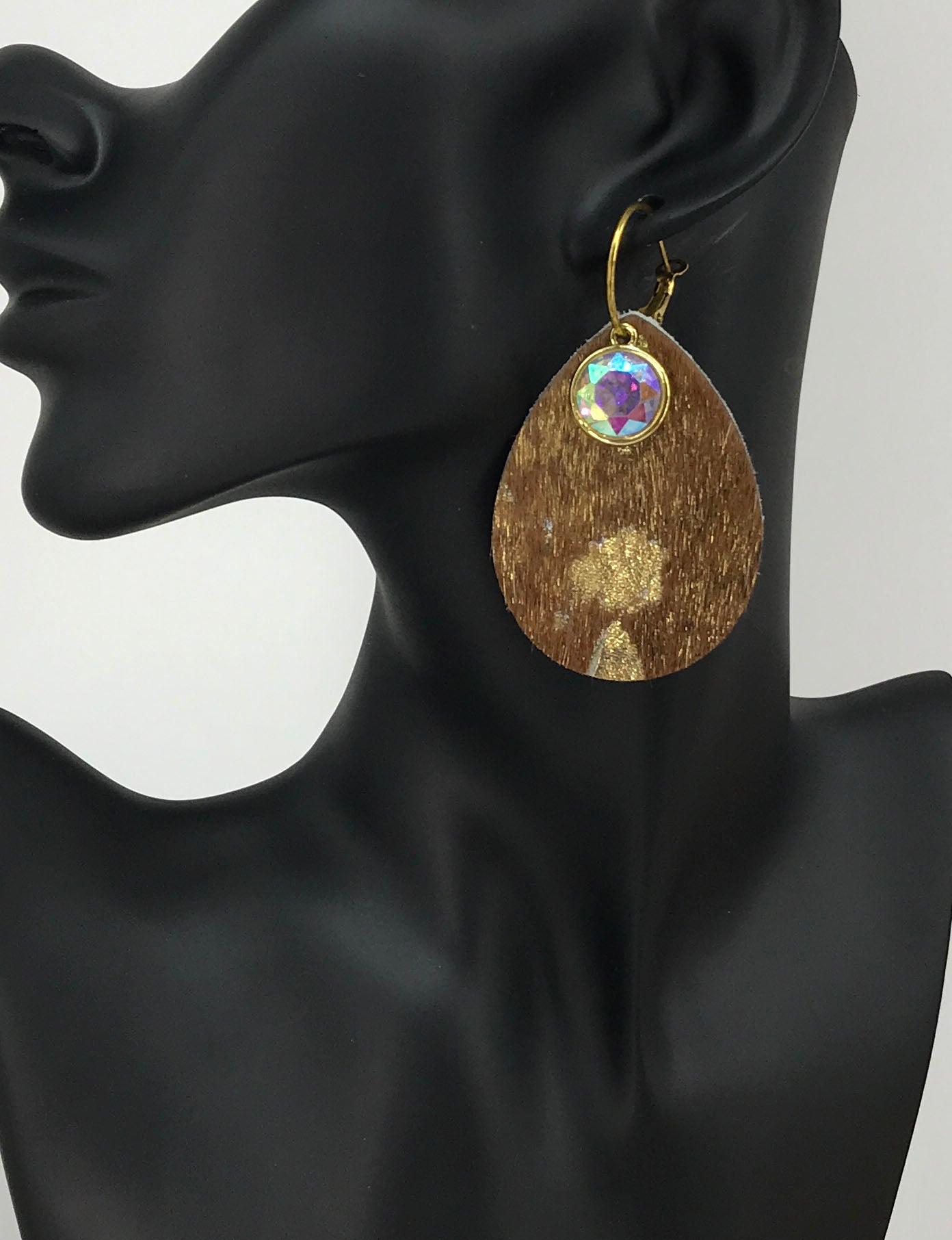 Hair On Leather and Rhinestone Hoop Earrings - E19-3462