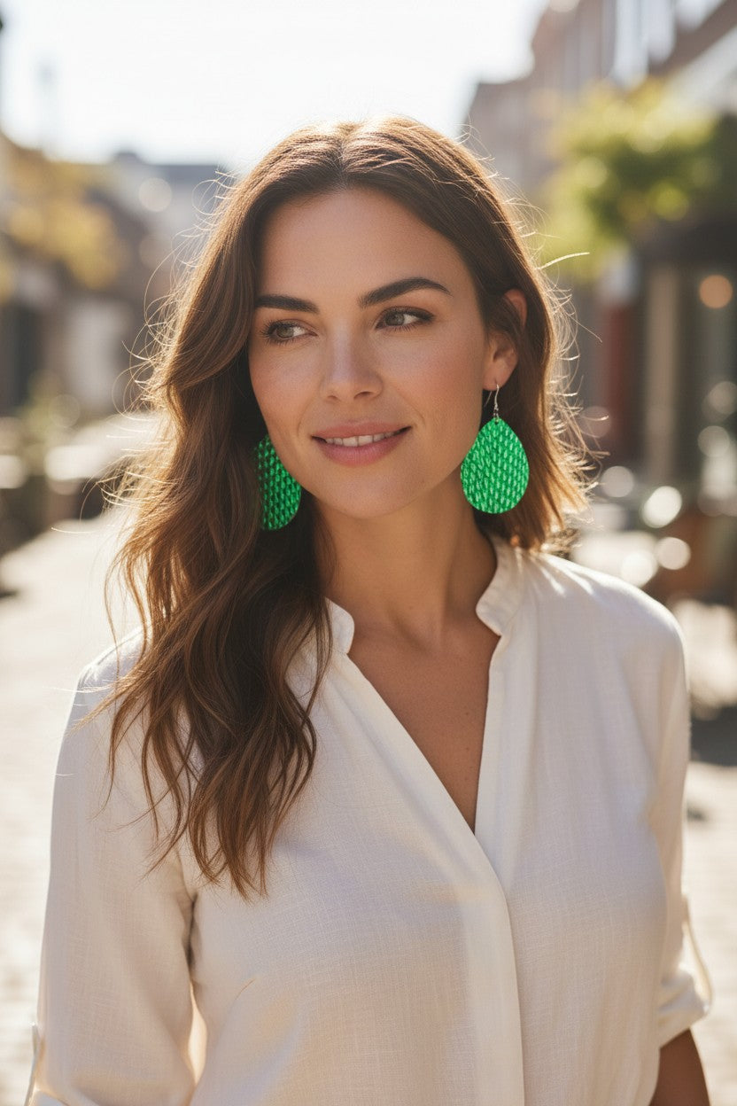 Metallic Emerald Green Snake Leather Earrings