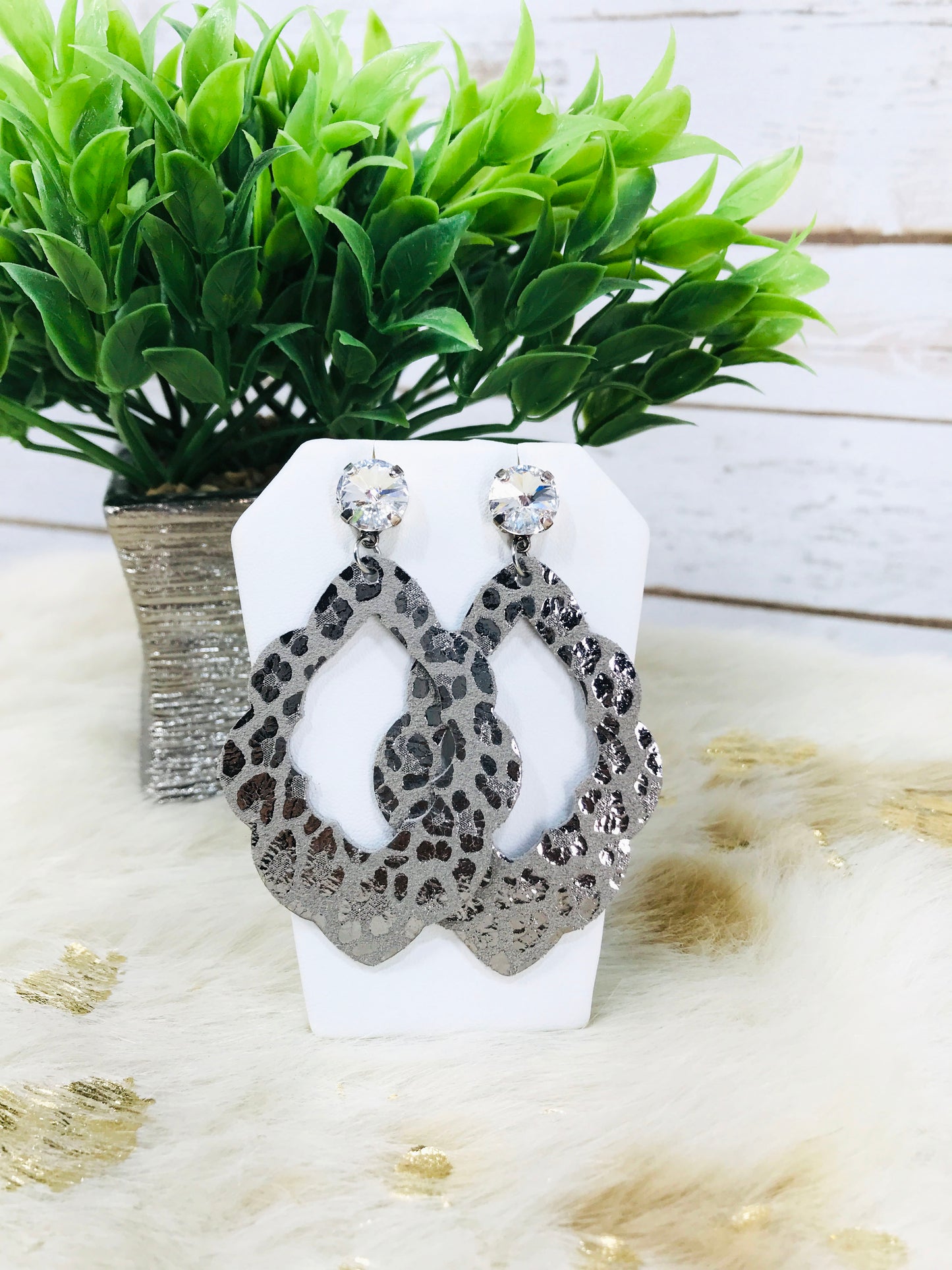 Crystal and Gray Leopard Leather Stud Earrings - E19-3525