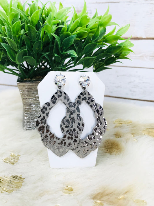 Crystal and Gray Leopard Leather Stud Earrings - E19-3525