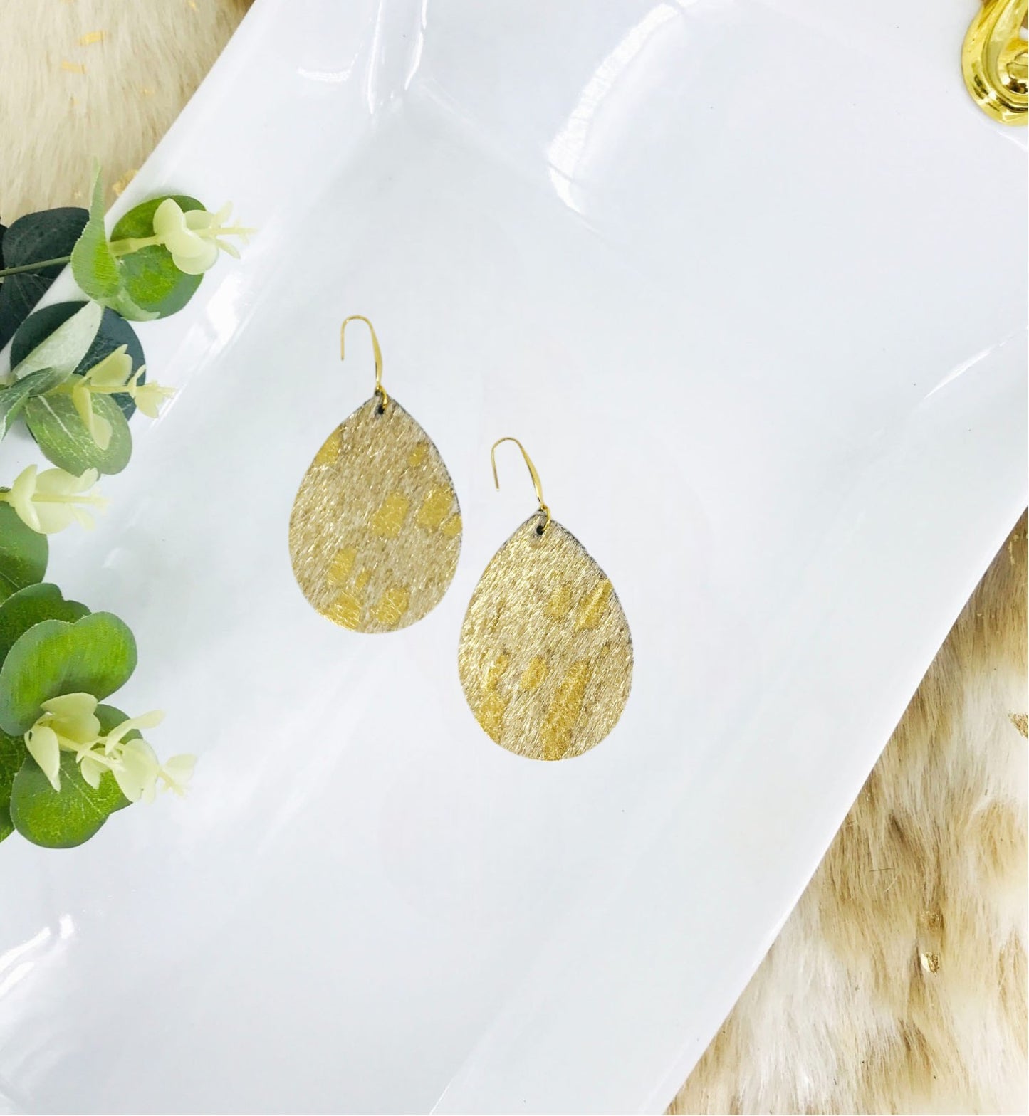 Hair On Metallic Gold Leather Earrings - E19-3537