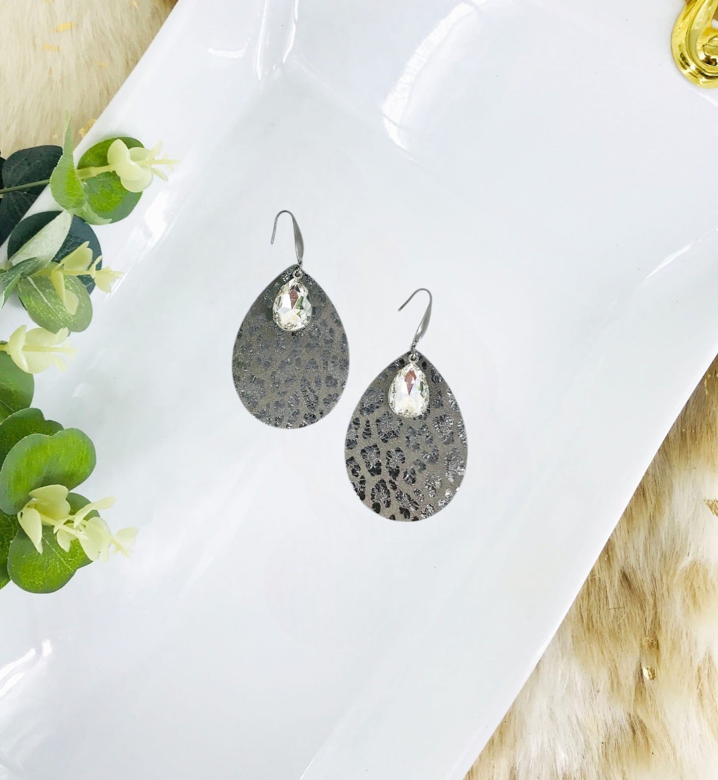 Metallic Leopard Leather and Rhinestone Earrings - E19-3538