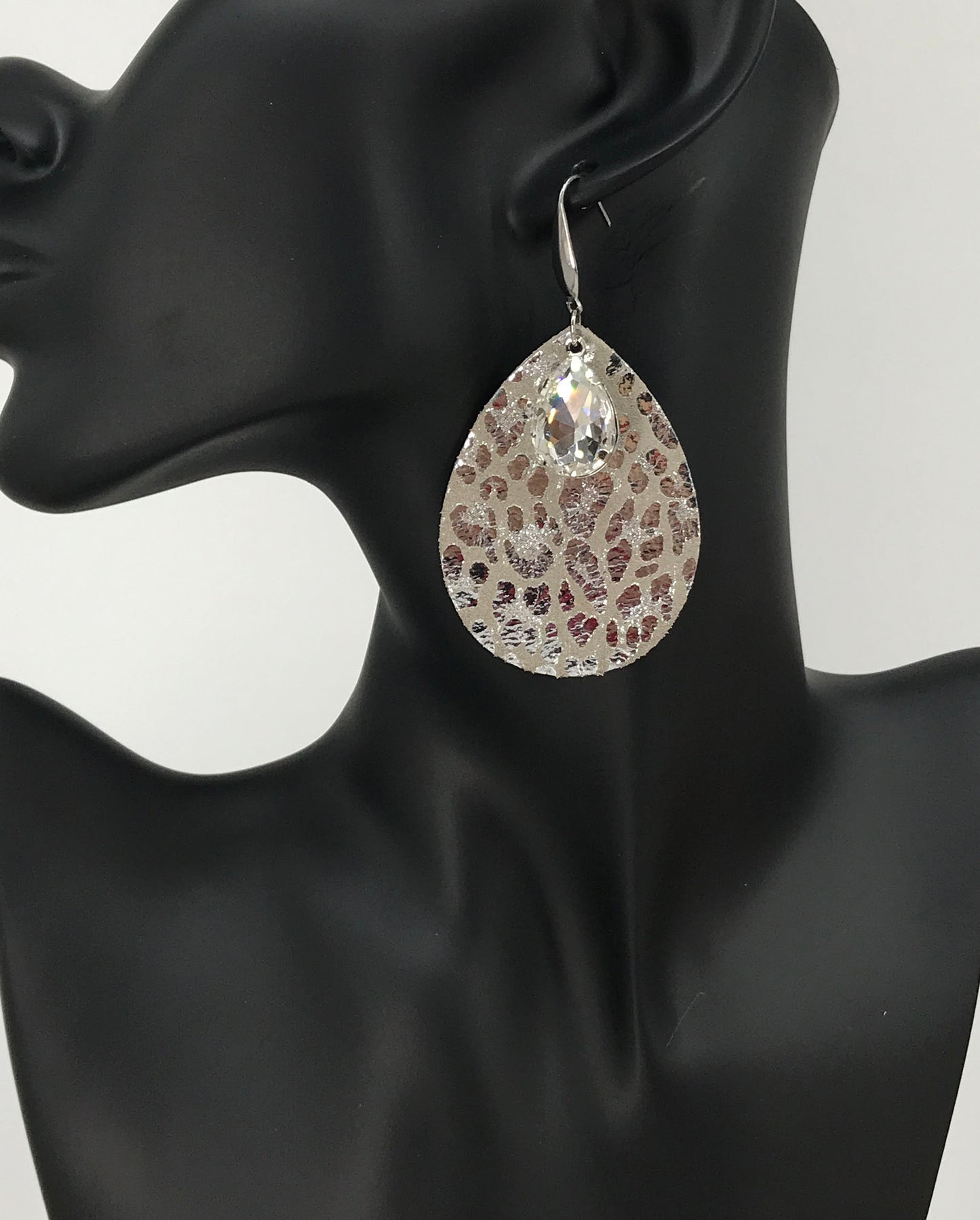 Metallic Leopard Leather and Rhinestone Earrings - E19-3538
