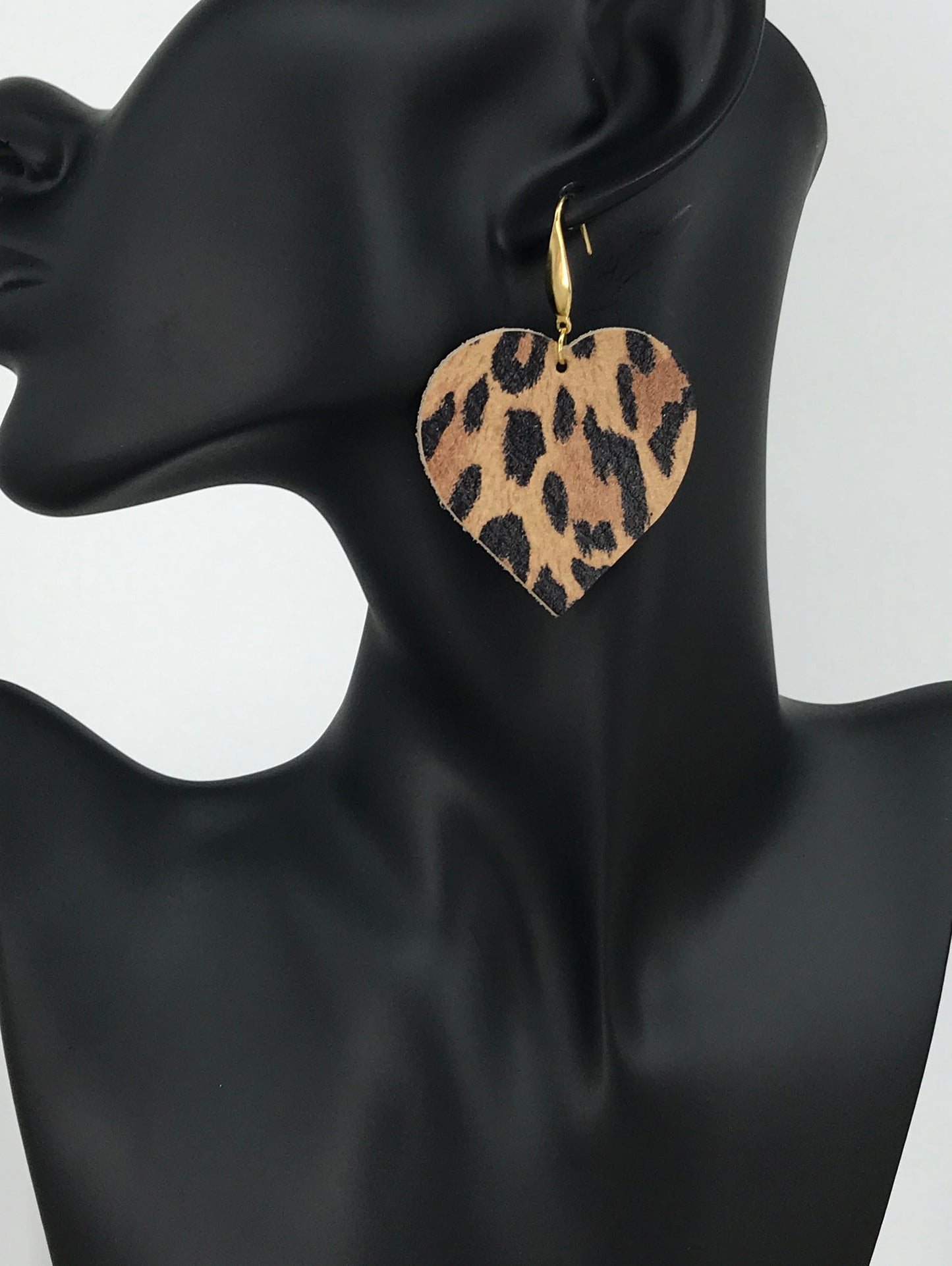 Mini Tan Cheetah Leather Heart Earrings - E19-3546