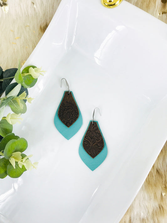 Aqua and Brown Embossed Leather Earrings - E19-362