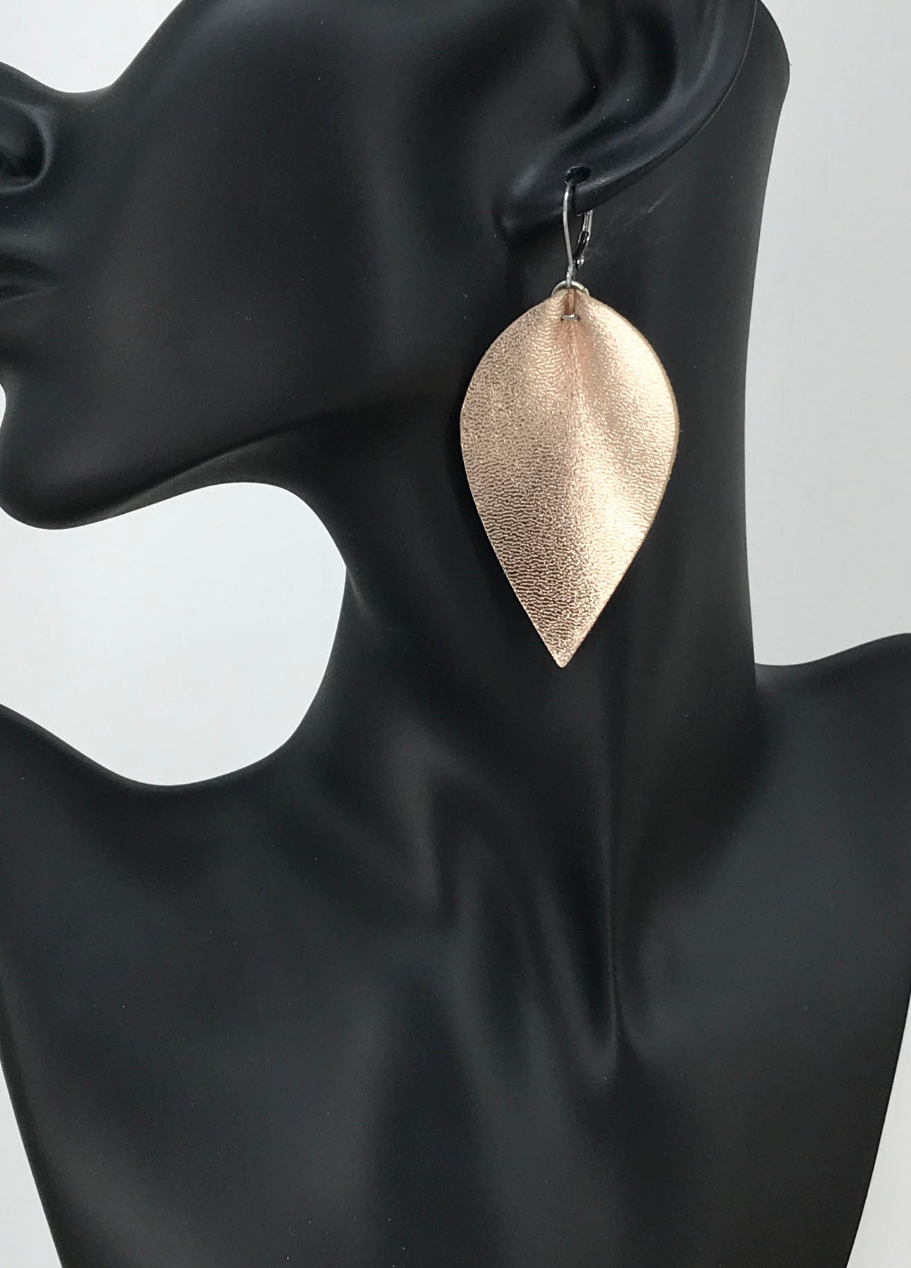 Metallic Rose Gold Pinched Leaf Leather Earrings - E19-3666