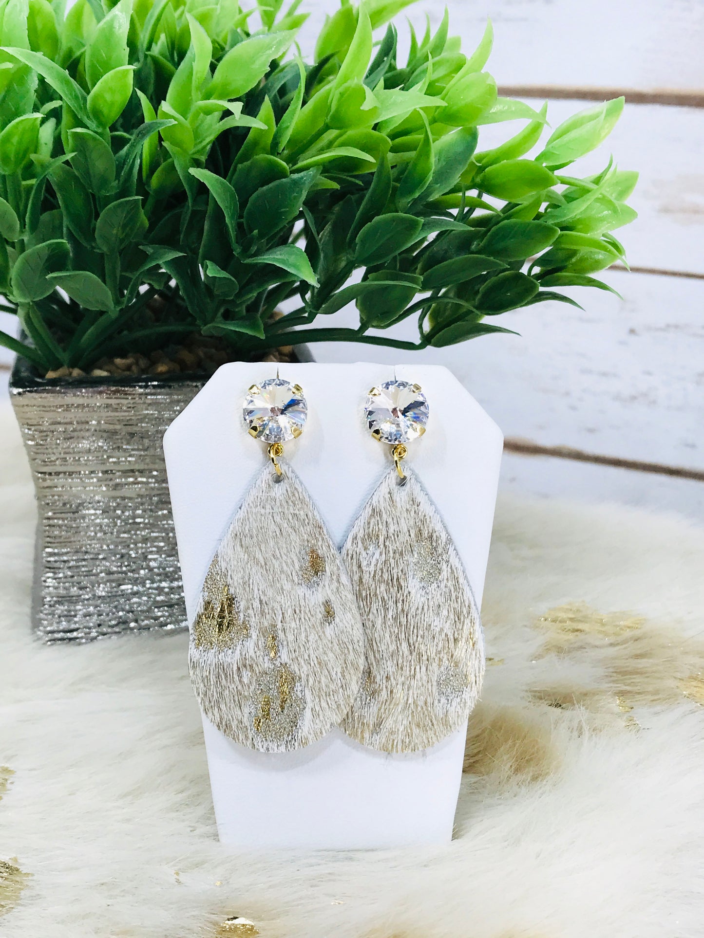 Crystal and Hair On Leather Earrings - E19-3686