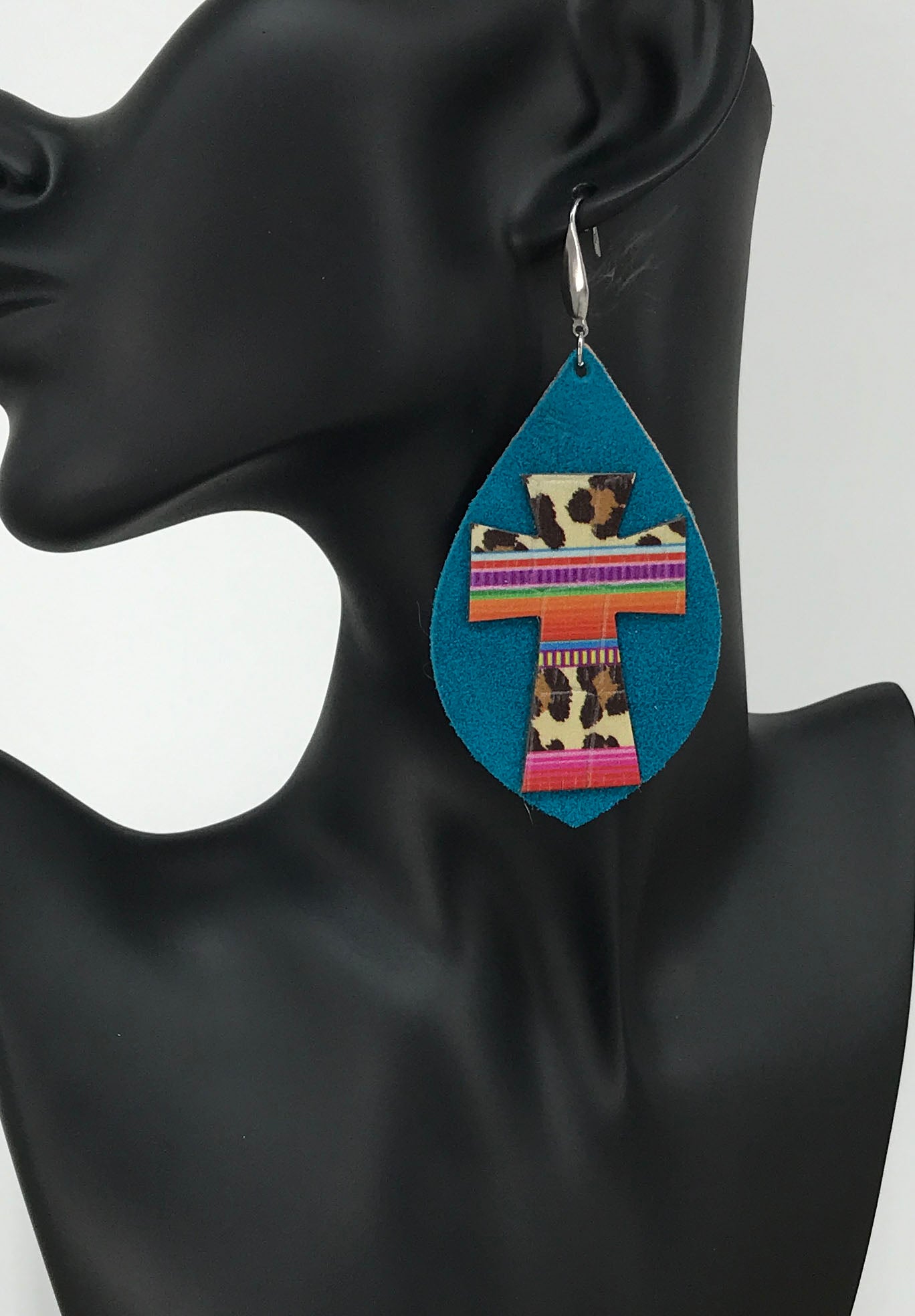 Turquoise Suede and Embossed Leopard Leather Earrings - E19-3711