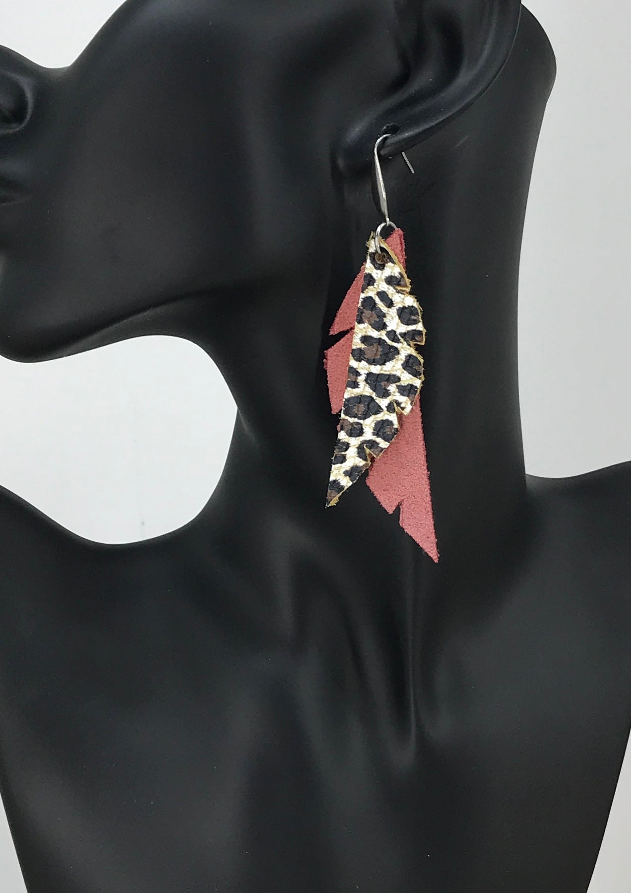 Salmon Cheetah Feather Drop Earrings