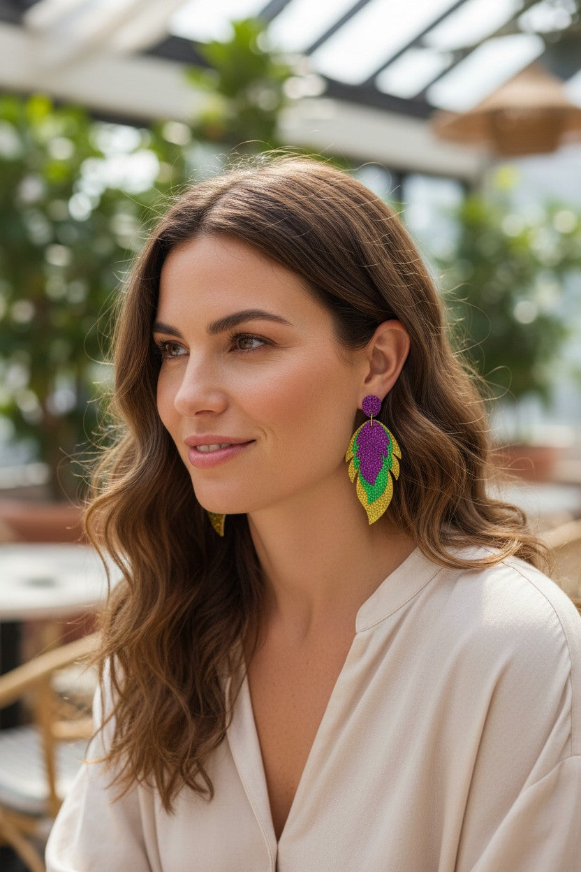 Mardi Gras Feather Fine Glitter Earrings