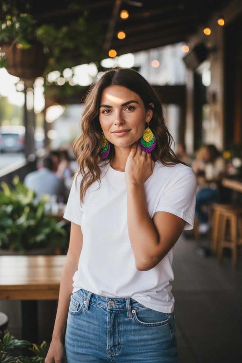 Mardi Gras Layered Fine Glitter Earrings