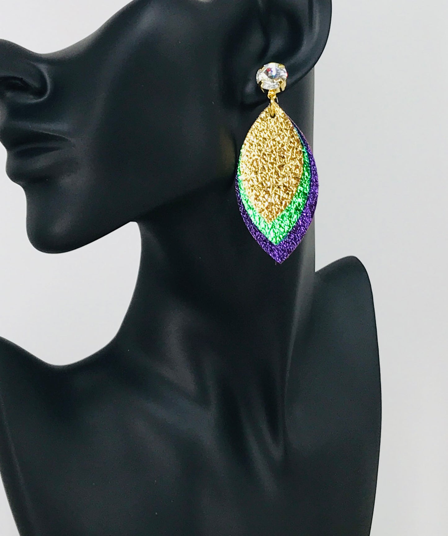 Mardi Gras Themed Crystal & Genuine Leather Earrings - E19-3816