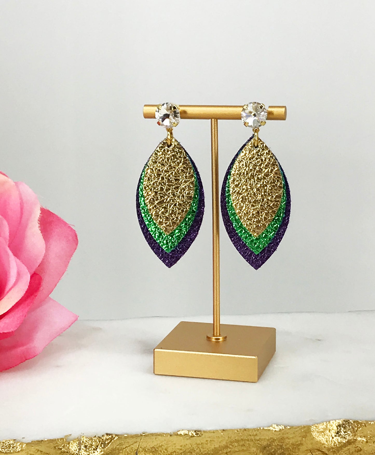 Mardi Gras Themed Crystal & Genuine Leather Earrings - E19-3816