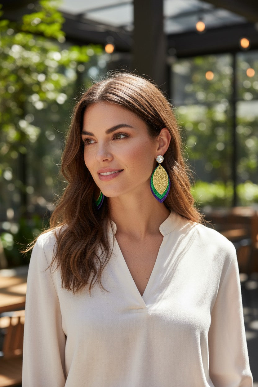 Crystal Clear & Mardi Gras Layered Leather Drop Earrings