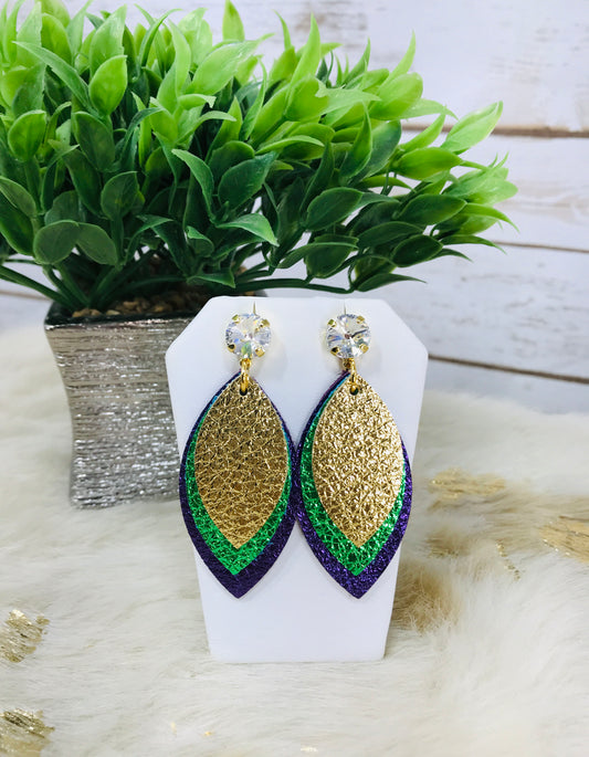 Mardi Gras Themed Crystal & Genuine Leather Earrings - E19-3816