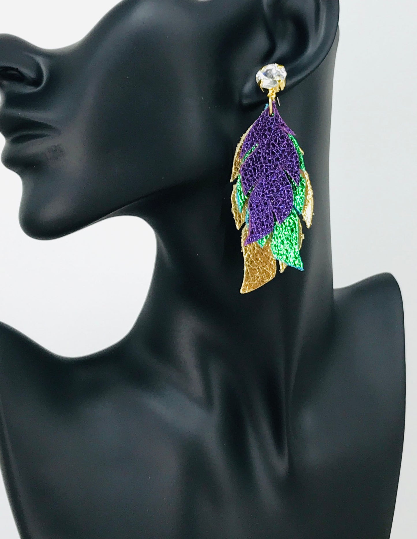 Mardi Gras Themed Crystal & Genuine Leather Earrings - E19-3818