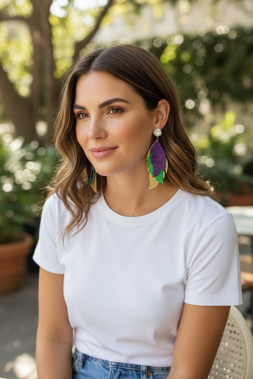Crystal Clear & Mardi Gras Layered Leather Drop Earrings
