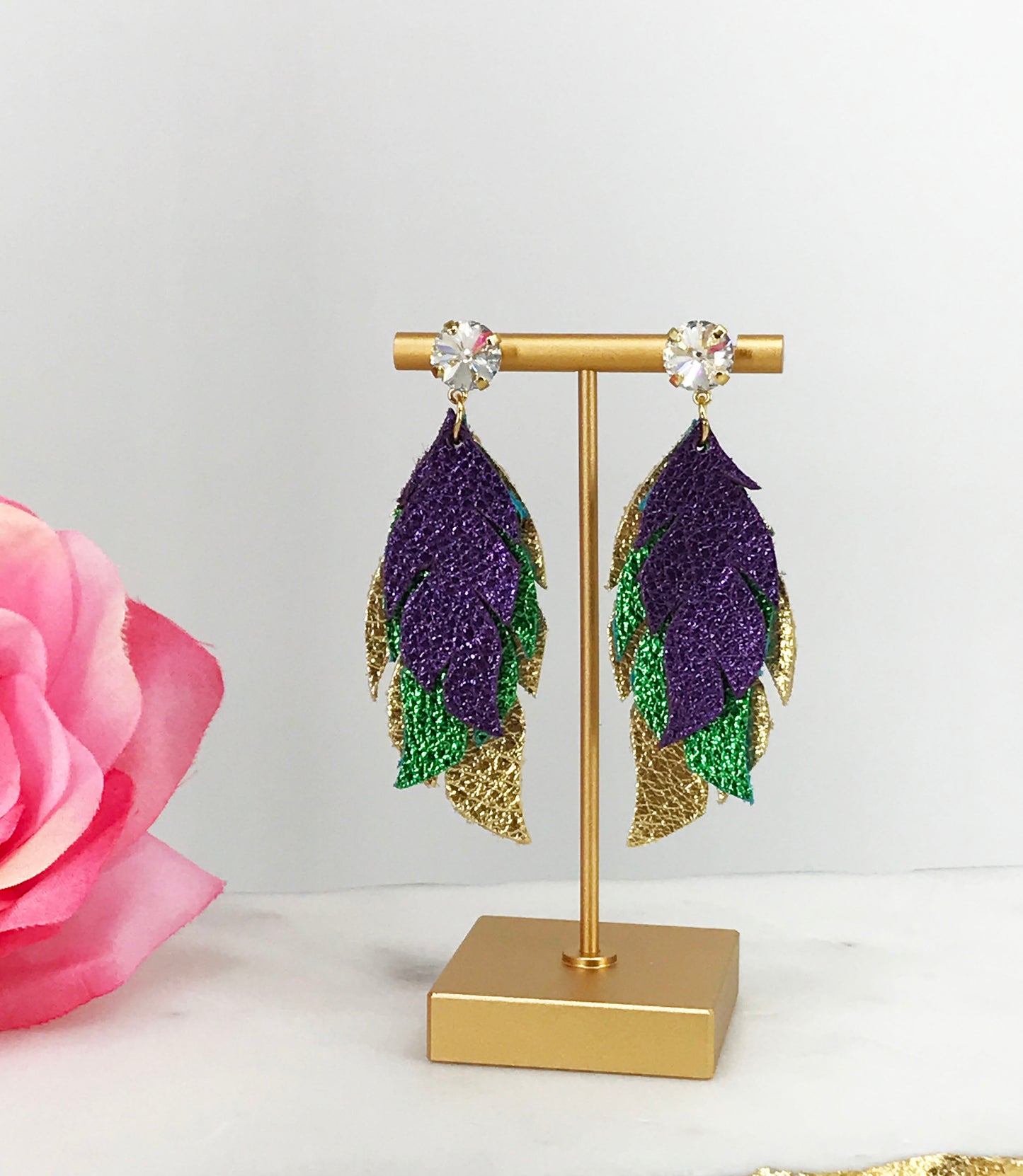 Mardi Gras Themed Crystal & Genuine Leather Earrings - E19-3818