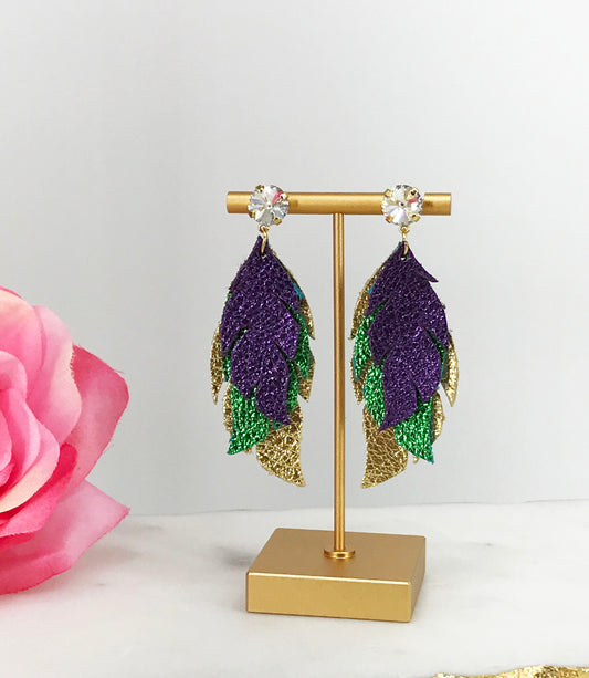 Mardi Gras Themed Crystal & Genuine Leather Earrings - E19-3818