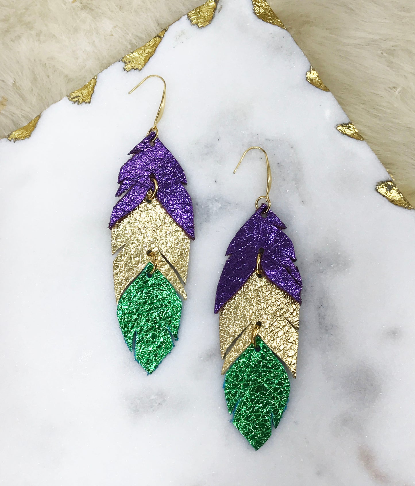 Mardi Gras Themed Feather Leather Earrings