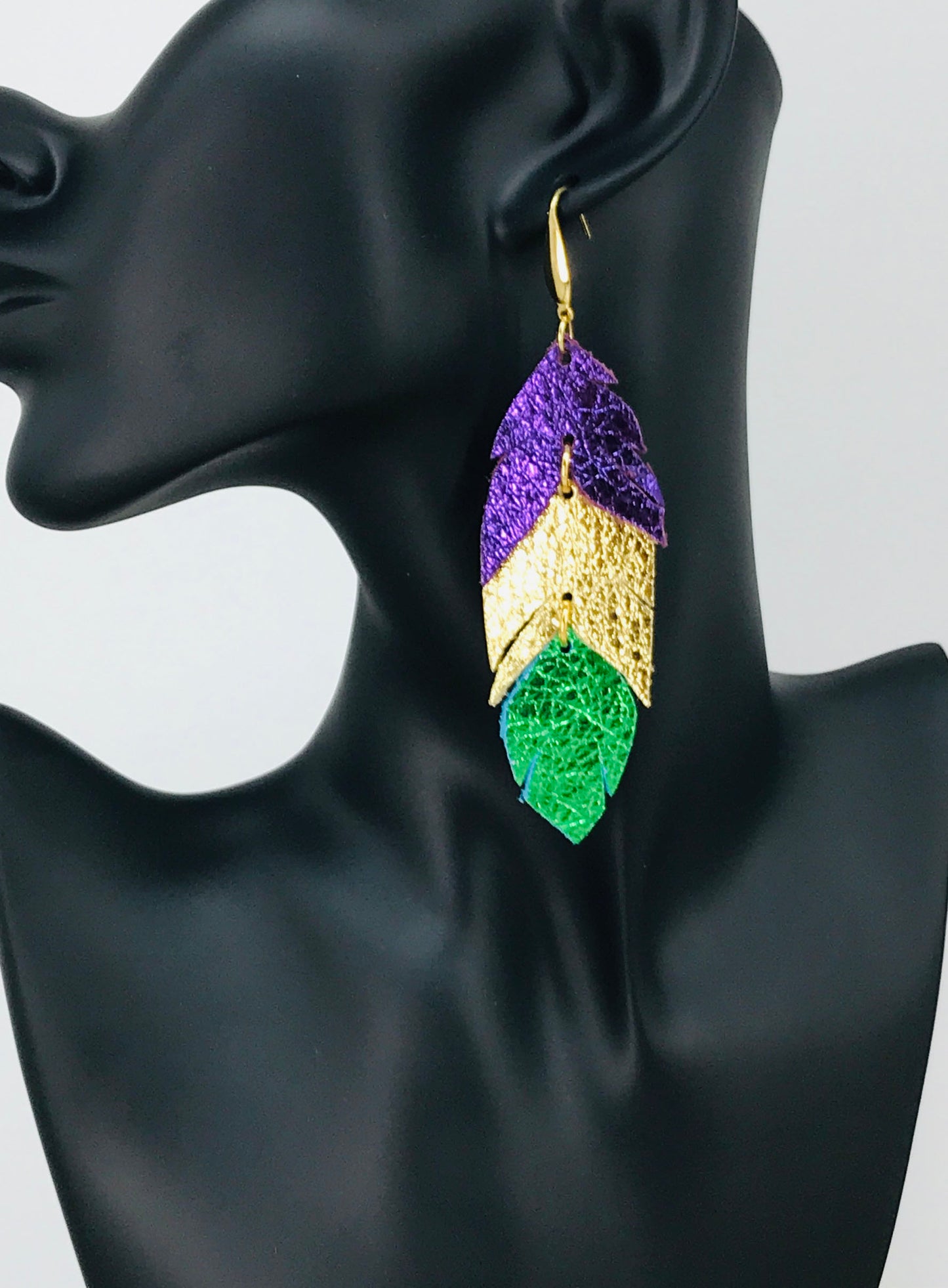 Mardi Gras Themed Feather Leather Earrings
