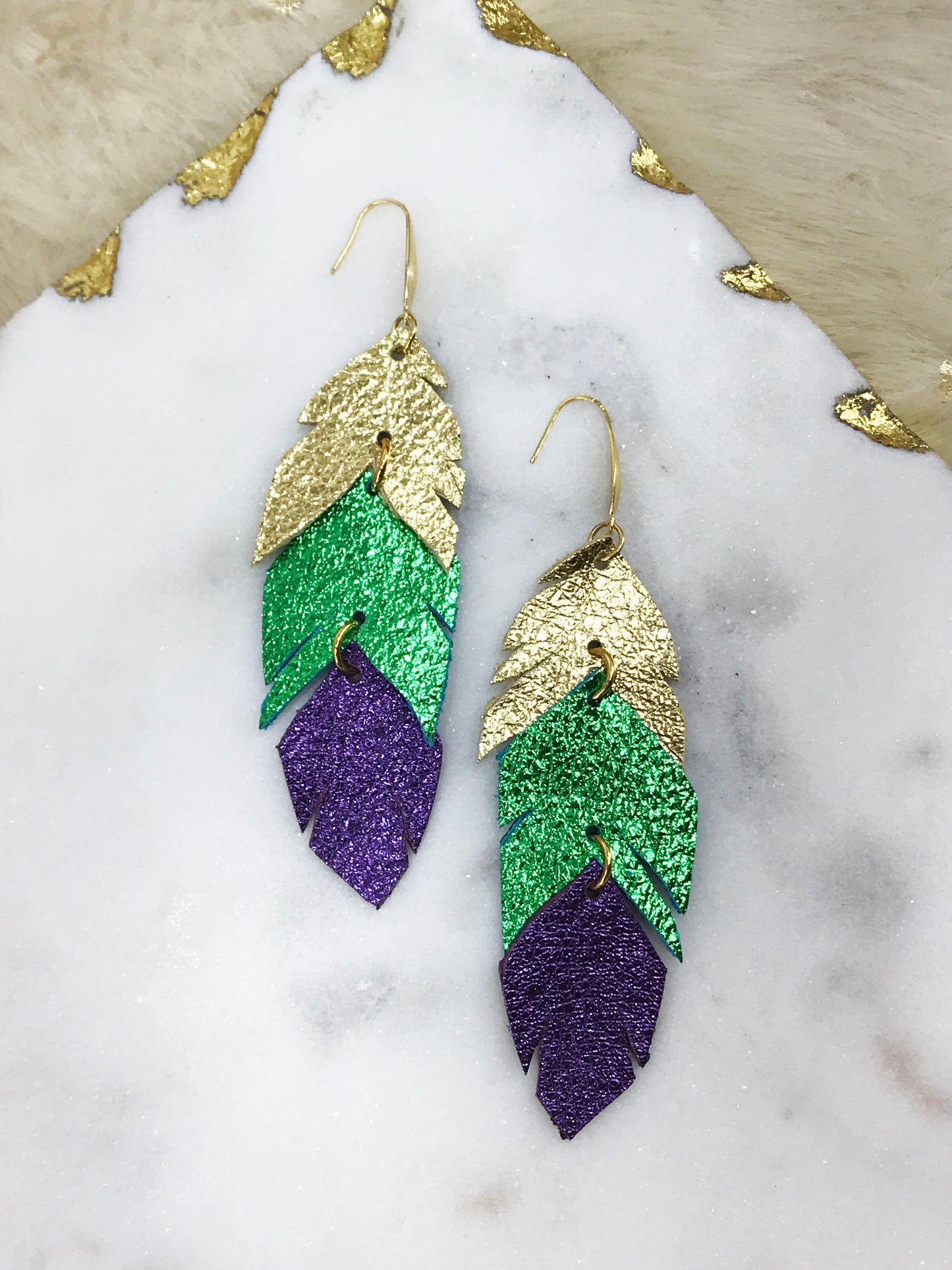Mardi Gras Themed Feather Leather Earrings