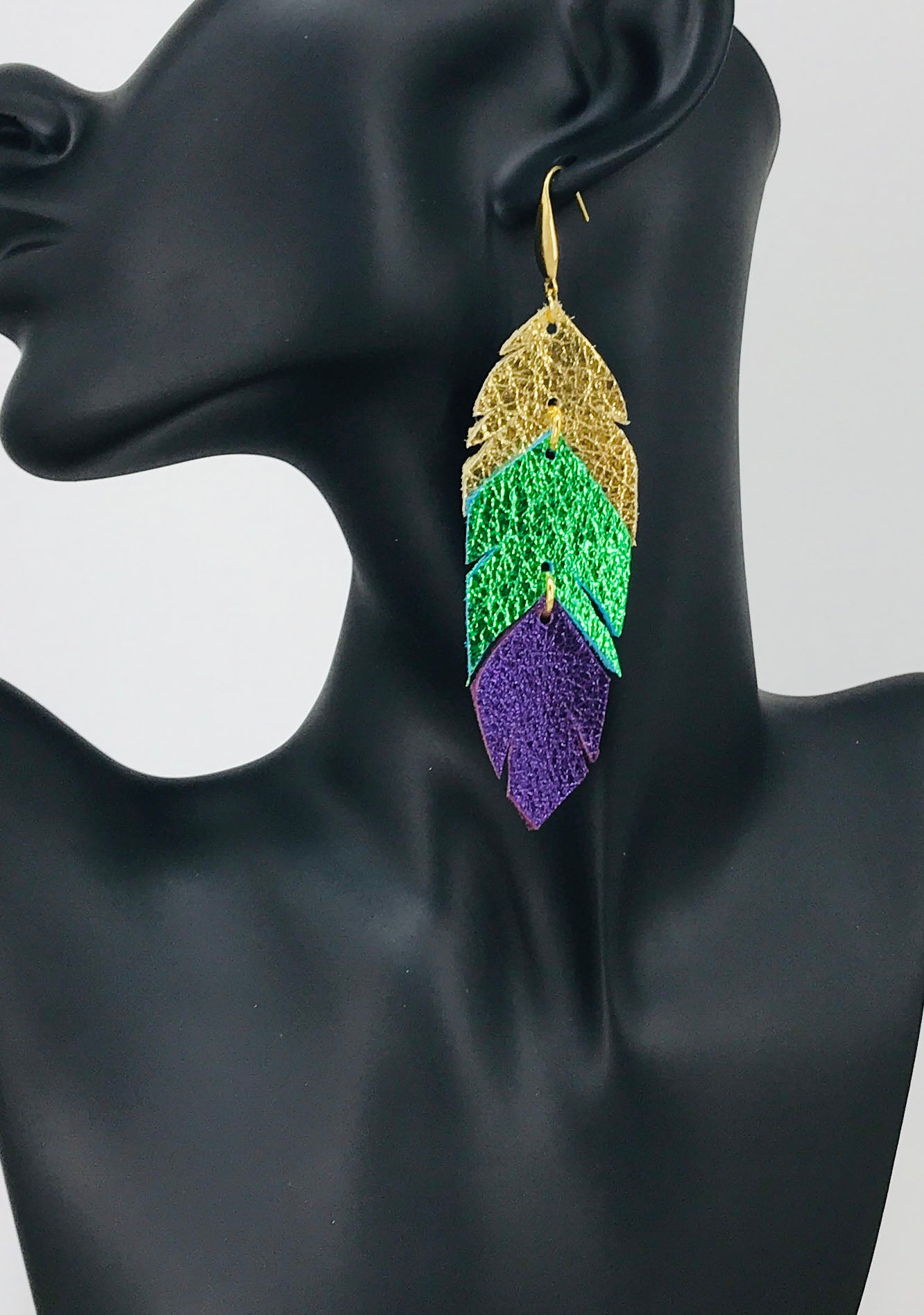 Mardi Gras Themed Feather Leather Earrings