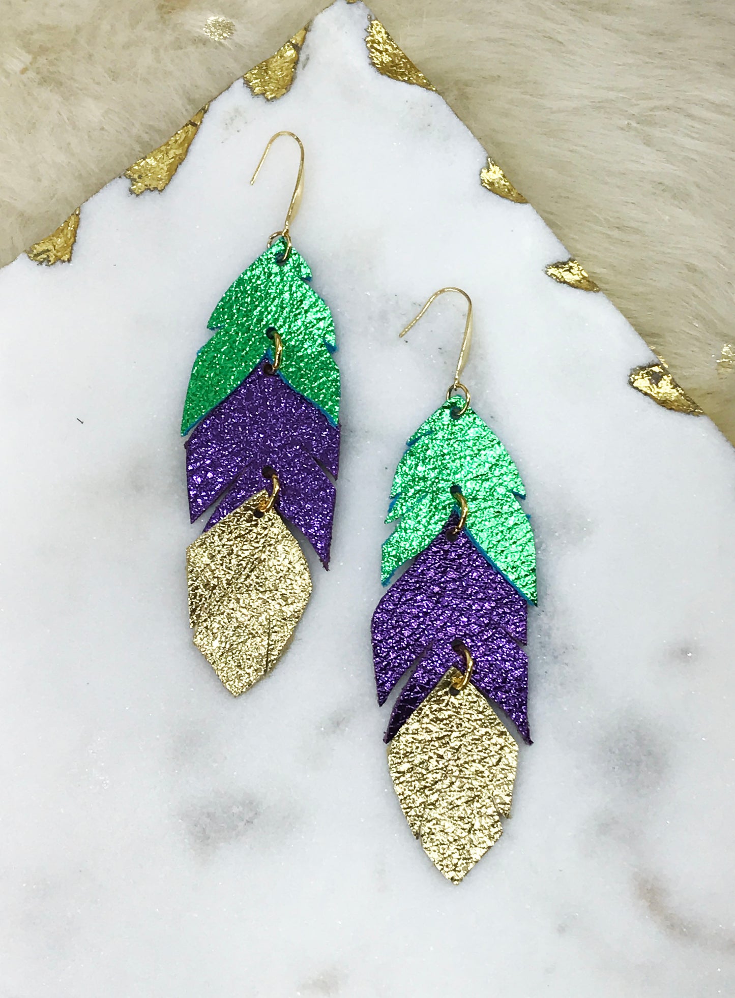 Mardi Gras Themed Feather Leather Earrings