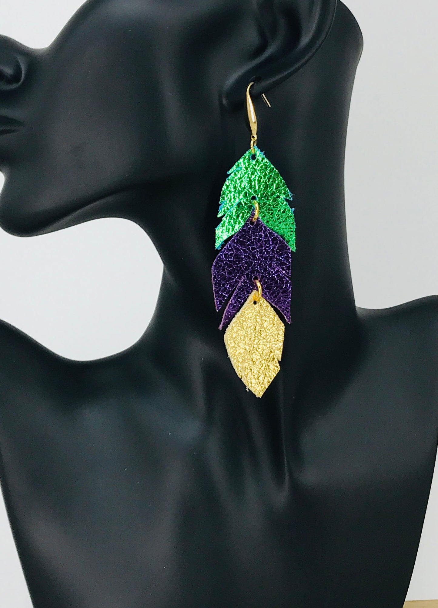 Mardi Gras Themed Feather Leather Earrings