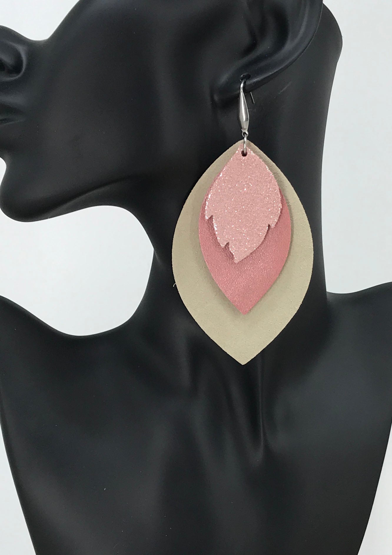 Tan and Pink Genuine Leather Earrings - E19-412