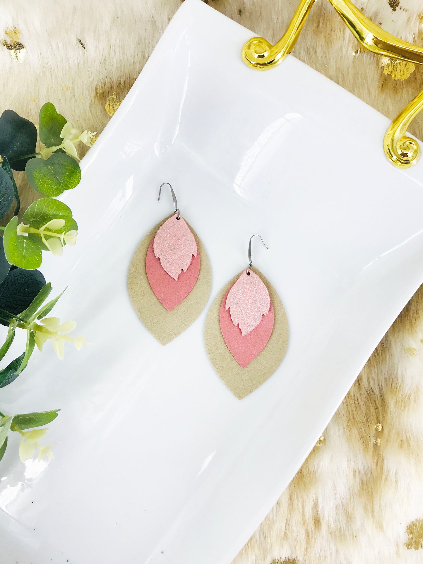 Tan and Pink Genuine Leather Earrings - E19-412
