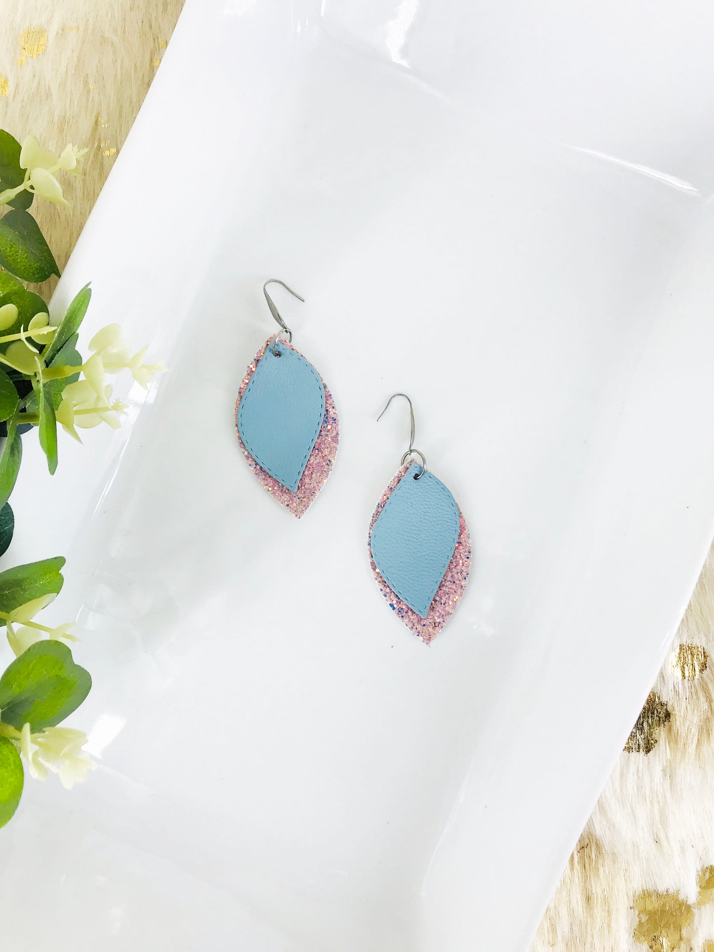 Sky Blue Leather and Chunky Glitter Earrings - E19-418