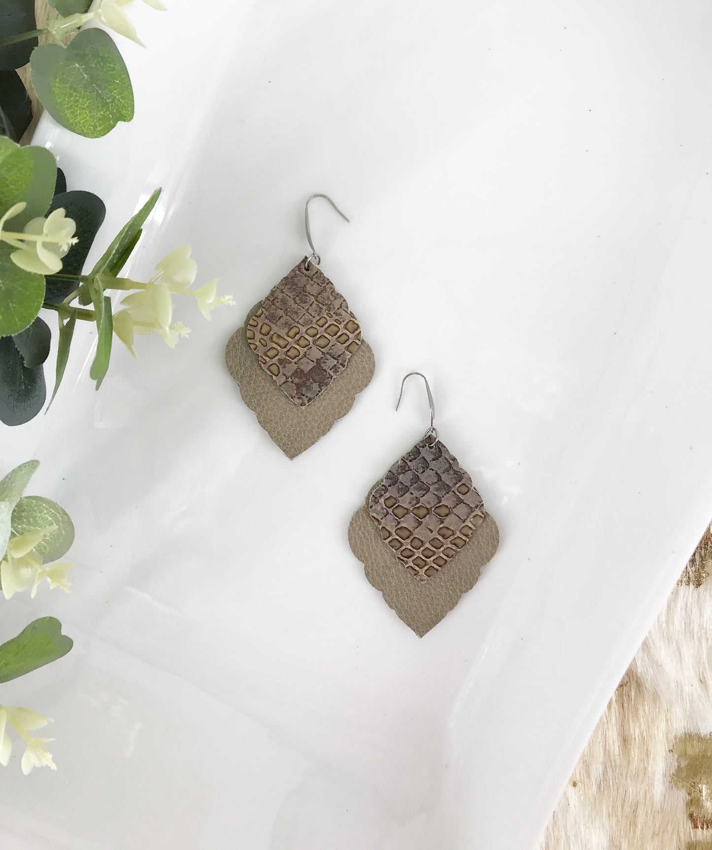 Snakeskin and Gray Leather Earrings - E19-421