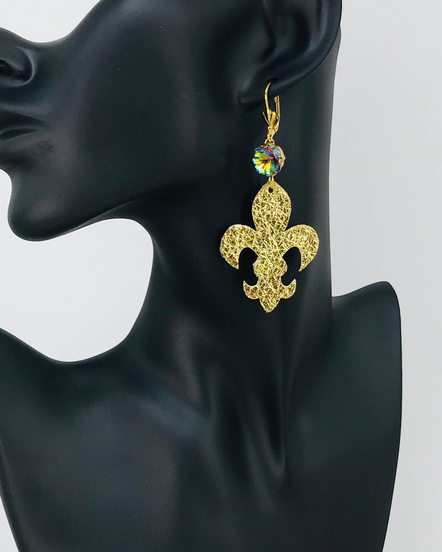 Rhinestone & Leather Fleur De Lis Earrings - E19-4309
