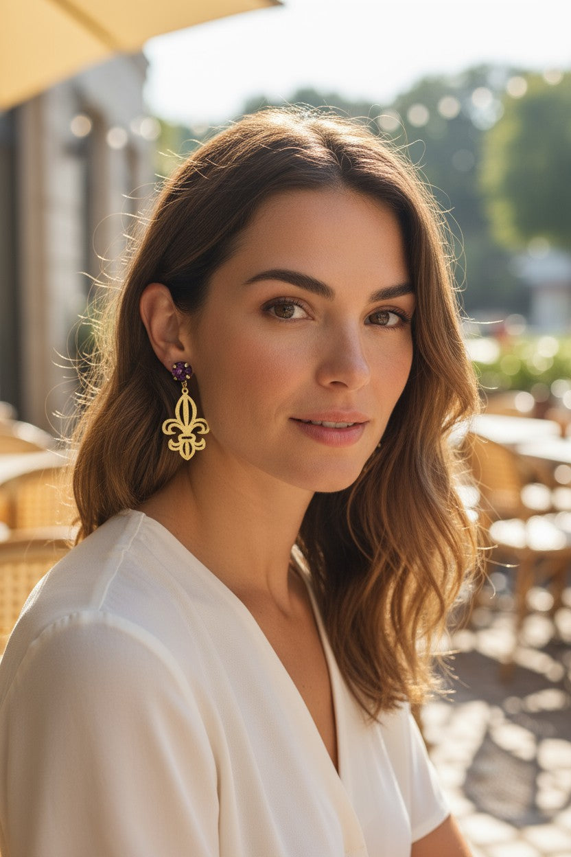Amethyst Crystal & Gold Fleur De Lis Drop Earrings