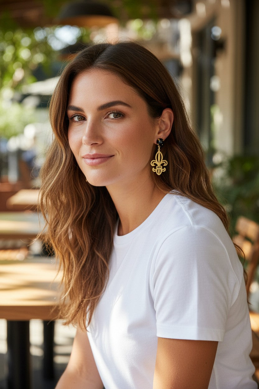Jet Crystal & Gold Fleur De Lis Drop Earrings