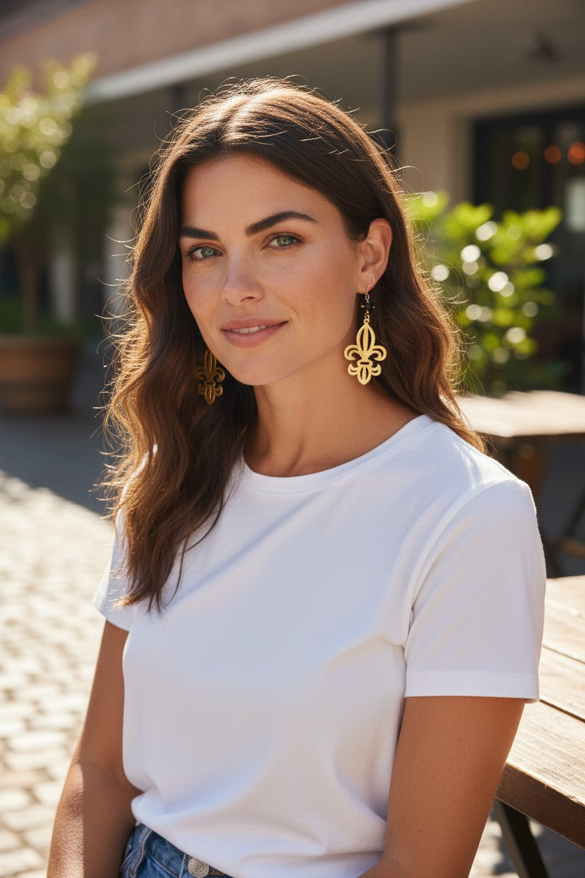 Jet Crystal & Textured Gold Fleur De Lis Earrings