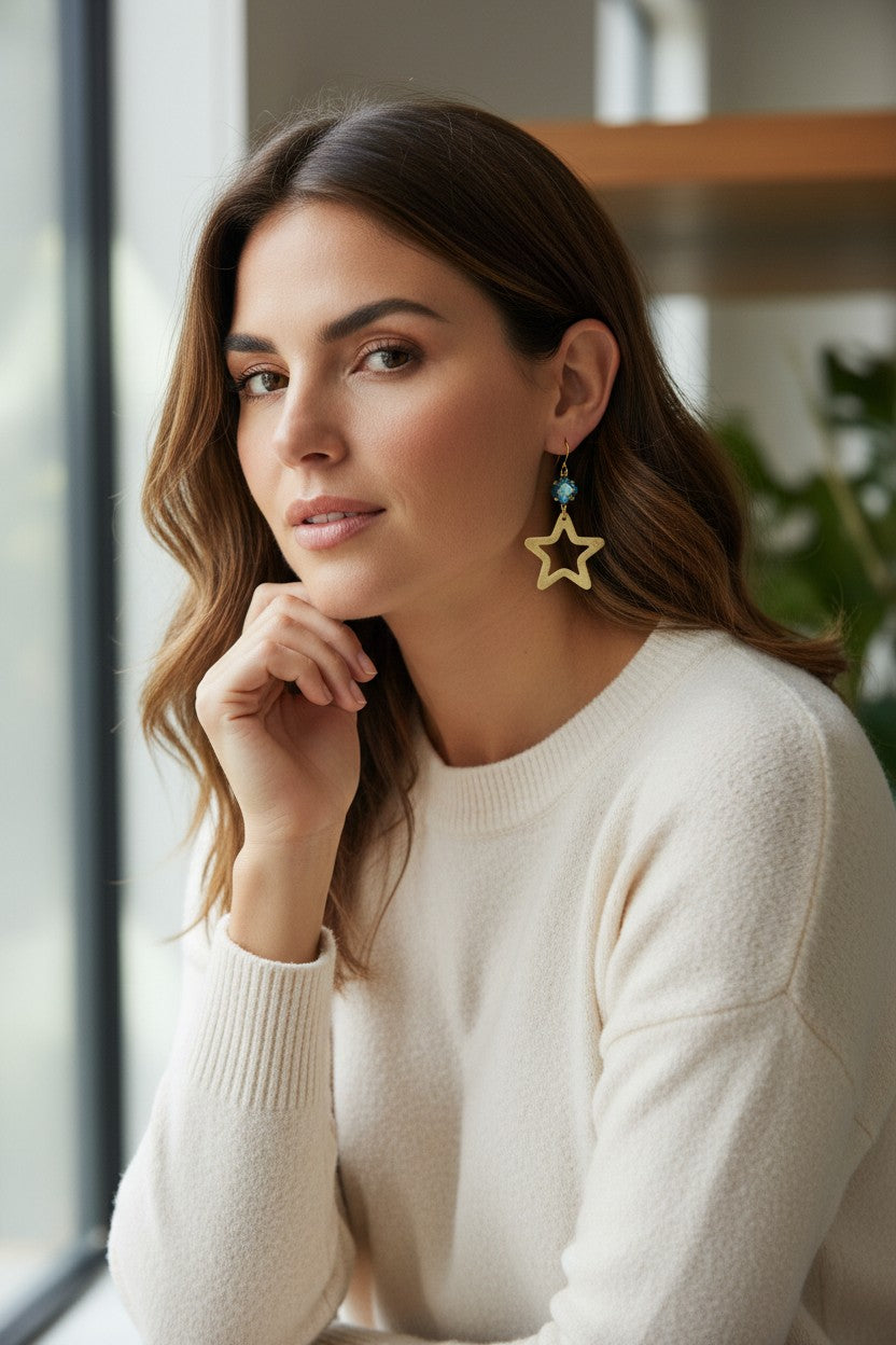 Erinite Shimmer Crystal & Gold Star Earrings